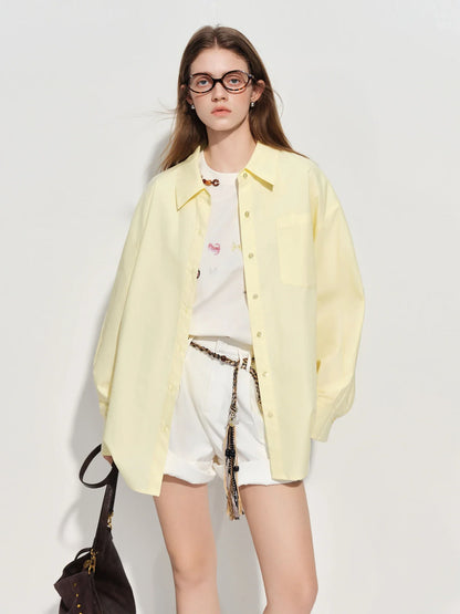 Women's French Loose Fit Cotton Shirt Long Sleeve Layering Top with Web Strap Detail Casual Oversized Blouse