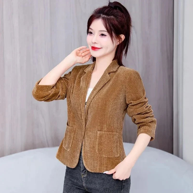 New Casual Suit Jackets Spring Autumn Slim Women‘s Blazer One Button Notched Collar Solid Coat Female Short Jacket Bkack Outwear