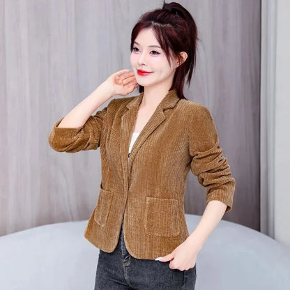 New Casual Suit Jackets Spring Autumn Slim Women‘s Blazer One Button Notched Collar Solid Coat Female Short Jacket Bkack Outwear
