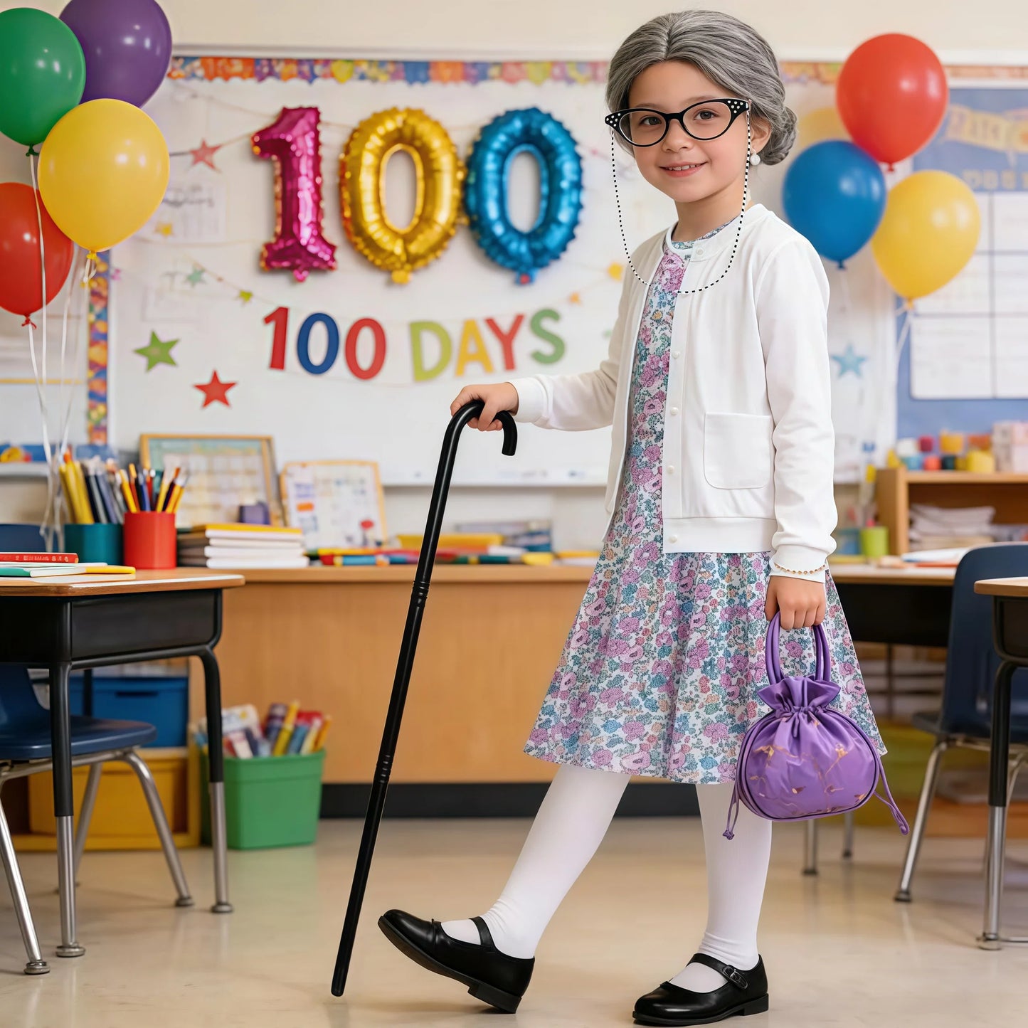 Baby Girl Celebrating 100th School Days Funny Cosplay Costumes Dress Granny Girl Cosplay Floral Old Lady Dress Up With Cane