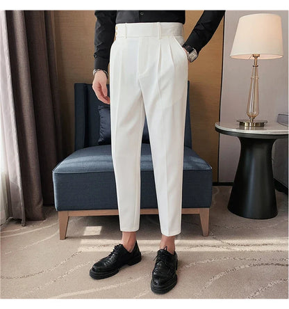 British Style Twill Pleat Design Naples High Waist Casual Trousers Fashion Man Slim Simple Social Party Suit Pant Plus Size 38
