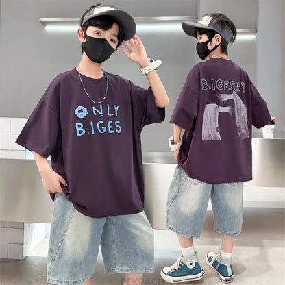 High Quality Children's Summer Suit for Boy Short Sleeve T-shirt + Denim Shorts 2 Pcs Clothing Set Kids Casual Top Bottom Set