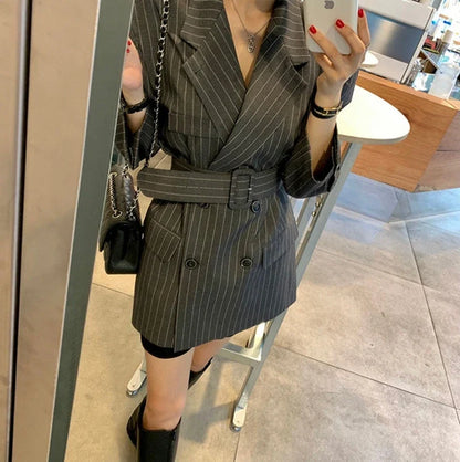 Ele Stripe Loose Faionable Suit Jaet with Belt Hong Kong Sle Retro Chic Top Women's Busin Casual Outerwear