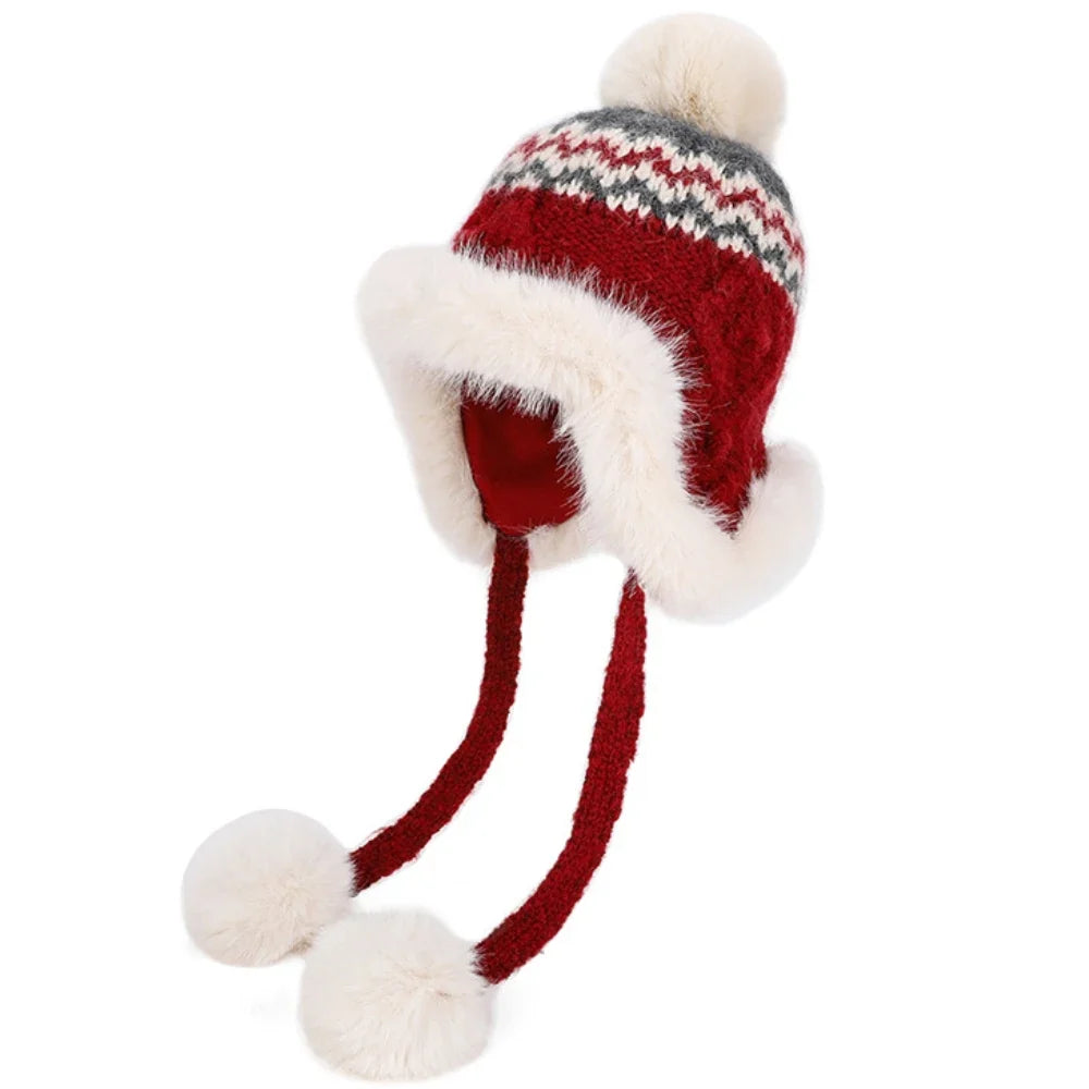 New Thick Warm Women Winter Hat Skullies Beanies Knitted Fur Hat Three Fur Ball Beanie Hat Female Earflap Cap Russian Hat