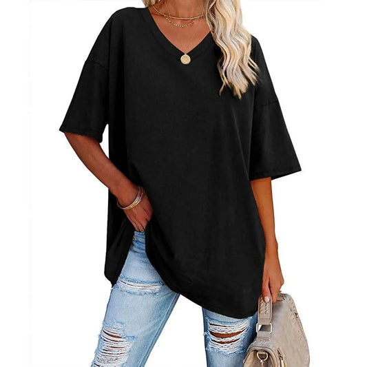 Women's Loose V-Neck Top Spring/Summer New Color Half Sleeve European American Style Clothing Amazon Foreign Trade