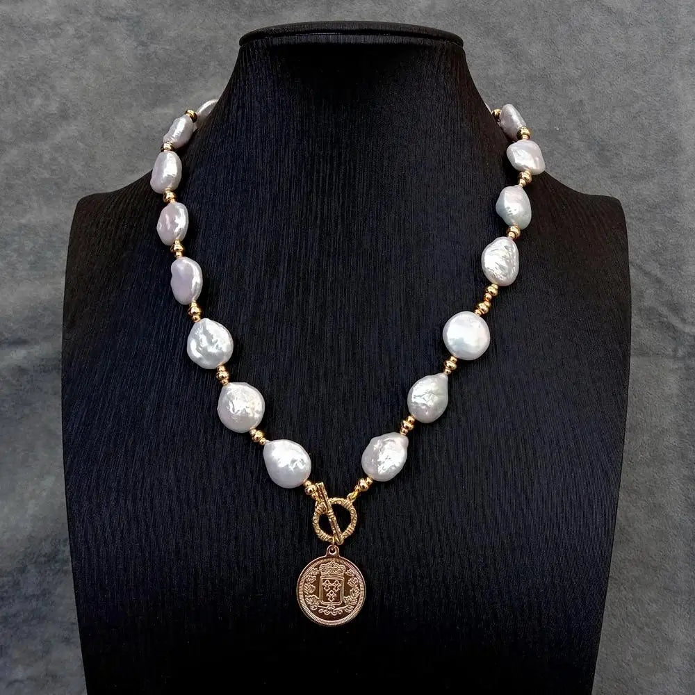 YYGEM 14x17mm Natural Freshwater White Coin Pearl Necklace 21mm Gold Plated Charm Pendant For Women Fashion Jewelry