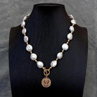 YYGEM 14x17mm Natural Freshwater White Coin Pearl Necklace 21mm Gold Plated Charm Pendant For Women Fashion Jewelry