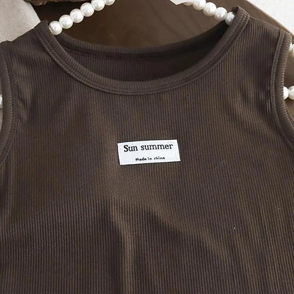 New Summer Baby Girls Clothes Suit Children Fashion Labeling Vest Top Large Pocket Overalls 2Pcs/Sets Kids Tracksuits Outfits