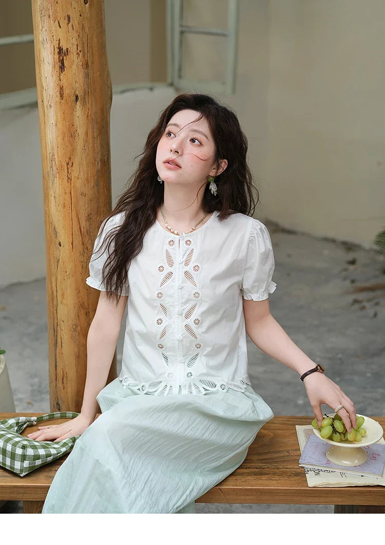 100%Cotton Hollow Embroidery Round Neck Shirt for Women 2025 Summer Puff Sleeve Casual Top Women's Clothing MXE39X1938