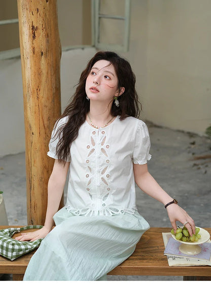 100%Cotton Hollow Embroidery Round Neck Shirt for Women 2025 Summer Puff Sleeve Casual Top Women's Clothing MXE39X1938