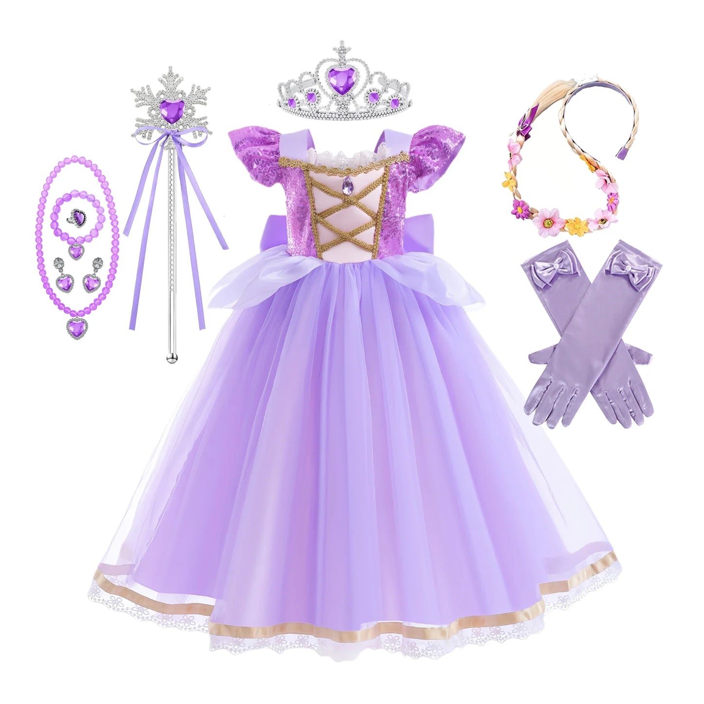 Baby Girls Deluxe Elegant Rapunzal Princess Dress Cosplay Costume Kids Halloween Birthday Party Vestido Purple Puffy Dresses