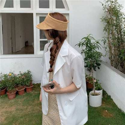 2025 Women's Summer Short-sleeved Jacket Casual All-match Loose Double-breasted Blazers Coat Woman Korean Chic White Blazer