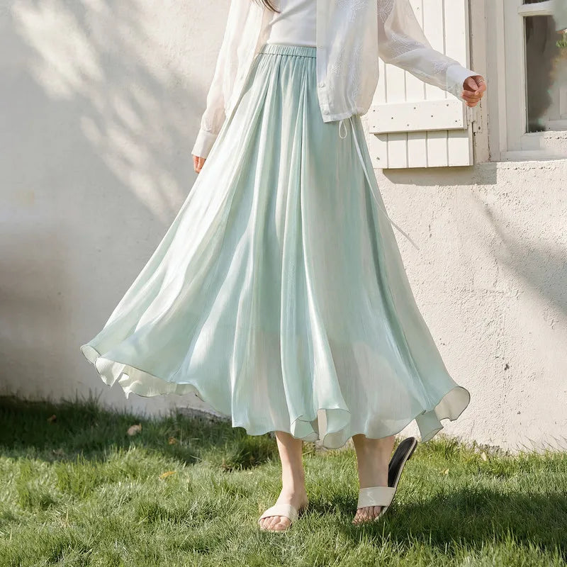 Women's Gray Elegant Skirt 2026 Summer Elastic Waist Sheen Flowy A Line Long Skirt for Woman Ladies Clothes 162QG4909