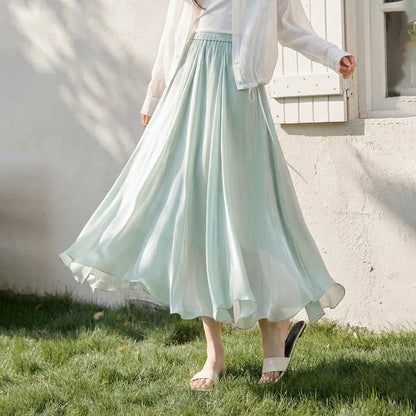 Women's Gray Elegant Skirt 2026 Summer Elastic Waist Sheen Flowy A Line Long Skirt for Woman Ladies Clothes 162QG4909