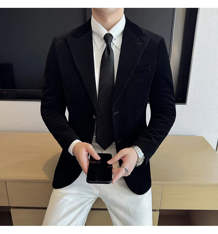 Stripe Suit Jacket For Men Autumn Winter Business Slim Fit Tailcoat Formal Wedding Party Fashion Casual Suit Coat 4XL-M