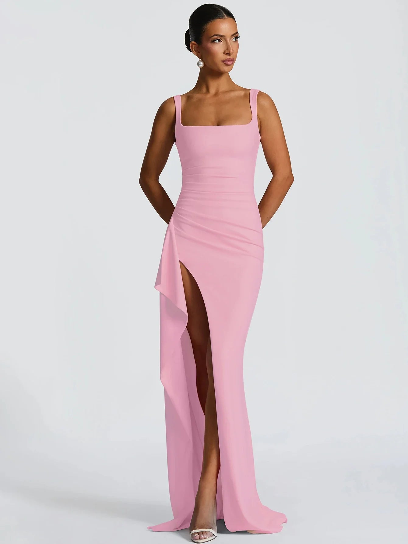 Women Elegant Solid Straps Slit Ruched Patchwork Sexy Bodycon Maxi Dress Summer Outfits Evening Party Birthday Festival
