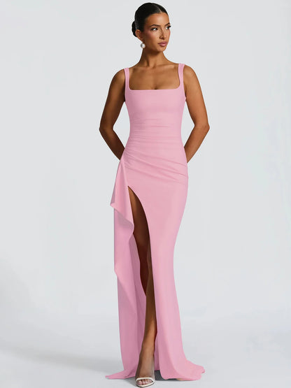 Women Elegant Solid Straps Slit Ruched Patchwork Sexy Bodycon Maxi Dress Summer Outfits Evening Party Birthday Festival
