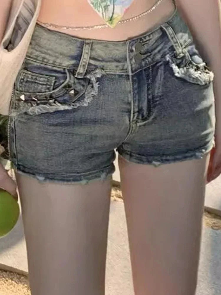 American vintage hot girl denim shorts female summer new low waist show thin high street design feeling pack hip ultra short hot