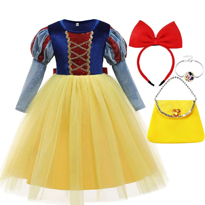 Halloween New Movie Snow White Princess Dress Girl Cosplay Yellow Snow White Party Yellow Stripe Dress Accessories Suit