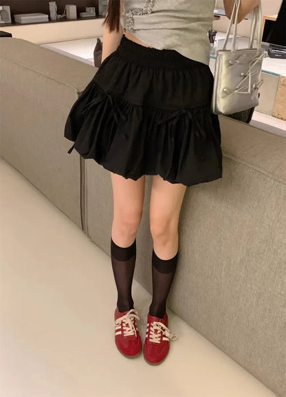 Sweet  Knot Puffy A-Line  Skirt Women's Summer Polyester Fiber High Waist Flower Bud Skirt Casual Sle