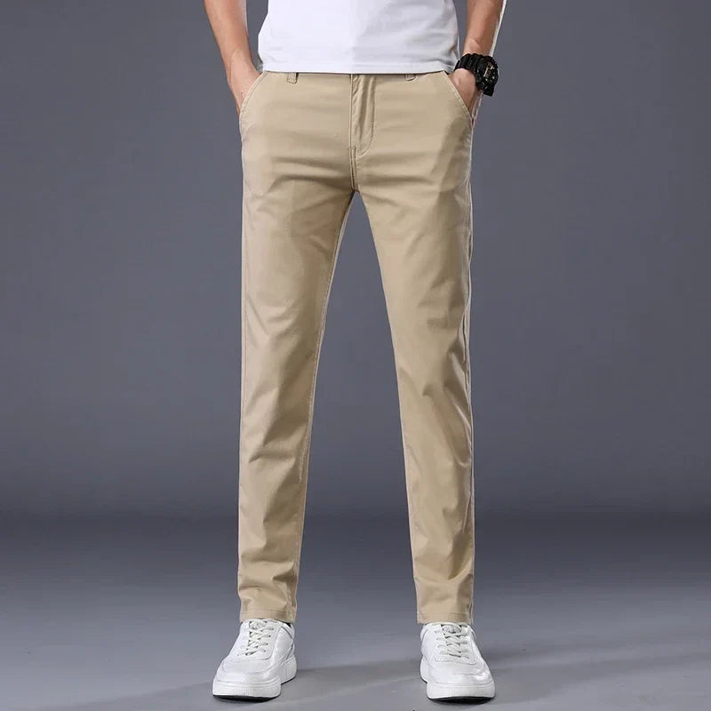 Summer Thin Men's Casual Pants Cotton 7 Colors Classic Style Elastic Straight Slim Fit Business Fashion Long Trousers Male