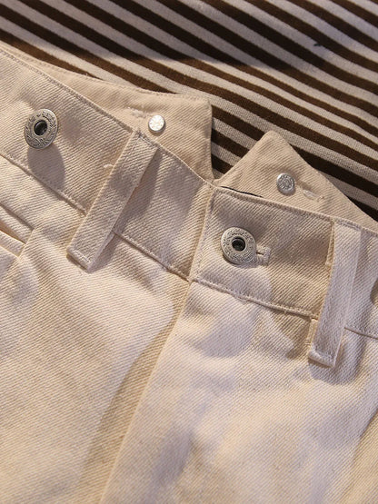 Beige Fishtail Waist Officer's Pants Vintage Deck Loose High Waist Straight Leg Casual Pants Cotton Wide Leg Pants