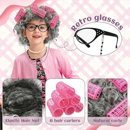 Baby Girl Celebrating 100th School Days Funny Cosplay Costumes Dress Granny Girl Cosplay Floral Old Lady Dress Up With Cane