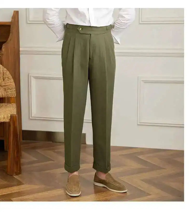 Linen Cotton High Waist Straight Casual Pants Men Versatile Naples Gentleman Pleated Pants High Quality Italian Dress Trousers