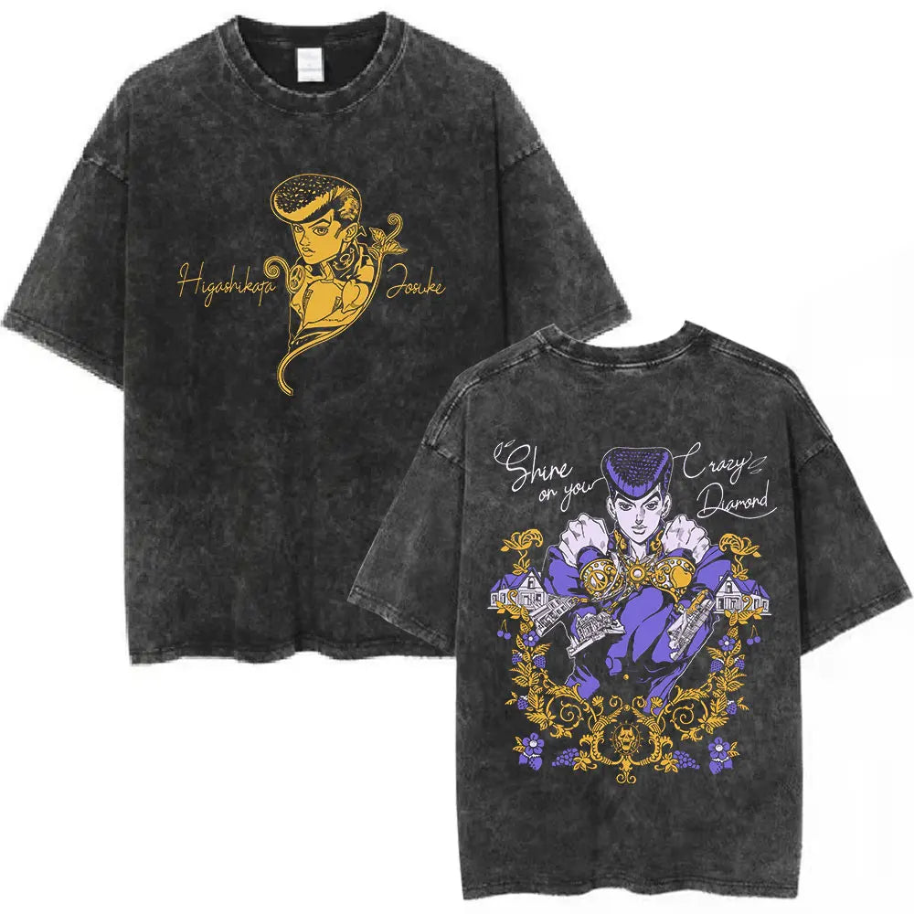 Vintage Washed Anime Jojo Bizarre Adventure T-shirt Giorno Giovanna Manga Graphic T-shirts Men's Clothing Cotton Casual T shirts