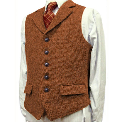 Men Vest Brown With Lapel Boutique Herringbone Single Button Fit Waistcoat Casual Formal Business Wedding Daily Men Suit Vest