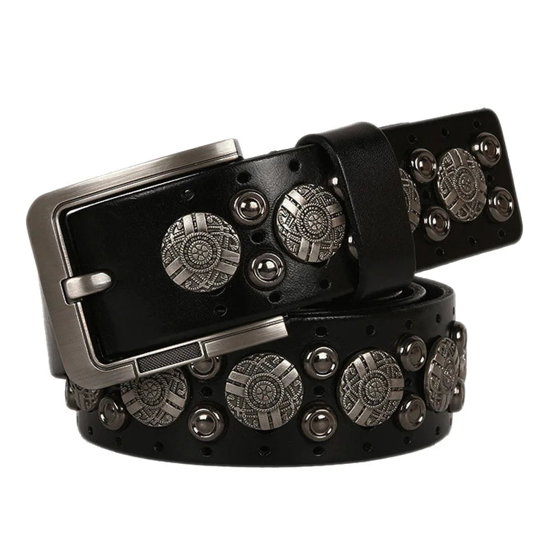 Hip Hop Metal Round Rivet Cowboy Belt Genuine Leather Cowskin Men Belt Punk Big Rivet Jeans Studded Belts For Men Ceinture Homme
