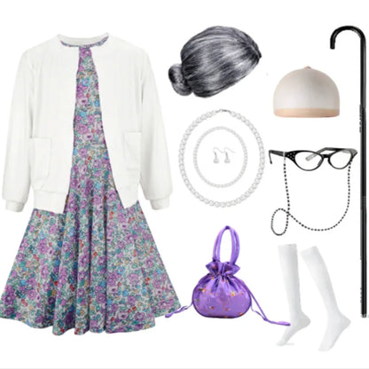 Baby Girl Celebrating 100th School Days Funny Cosplay Costumes Dress Granny Girl Cosplay Floral Old Lady Dress Up With Cane