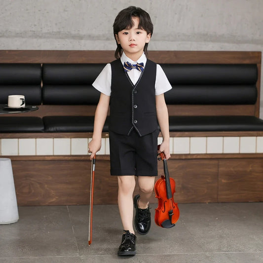 Formal Elegant Boys Suits 2 Pieces Vest Short Pants With Bow-tie School Choir Performance,Fast Ship Comfortable Suit Set