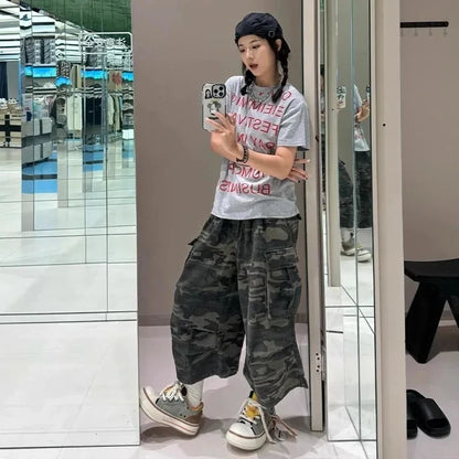Y2K American Vibe Washed Camo Workwear Jeans Shorts Women's High Waist Straight Leg Slimming Wide Leg Mid-Length Pants