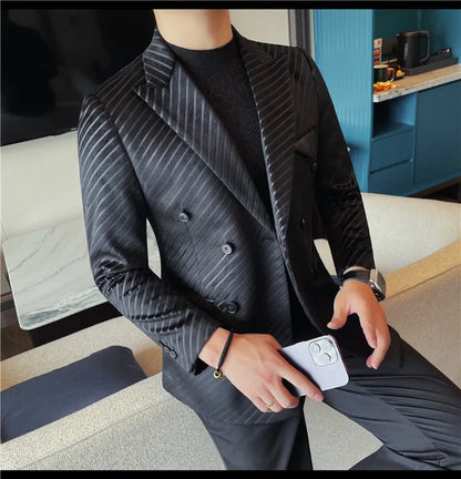 British Style Luxury Men Double Breasted Twill Suit Jacket High Quality Fashion Business Slim Fit Groom Social Party Suit Dress