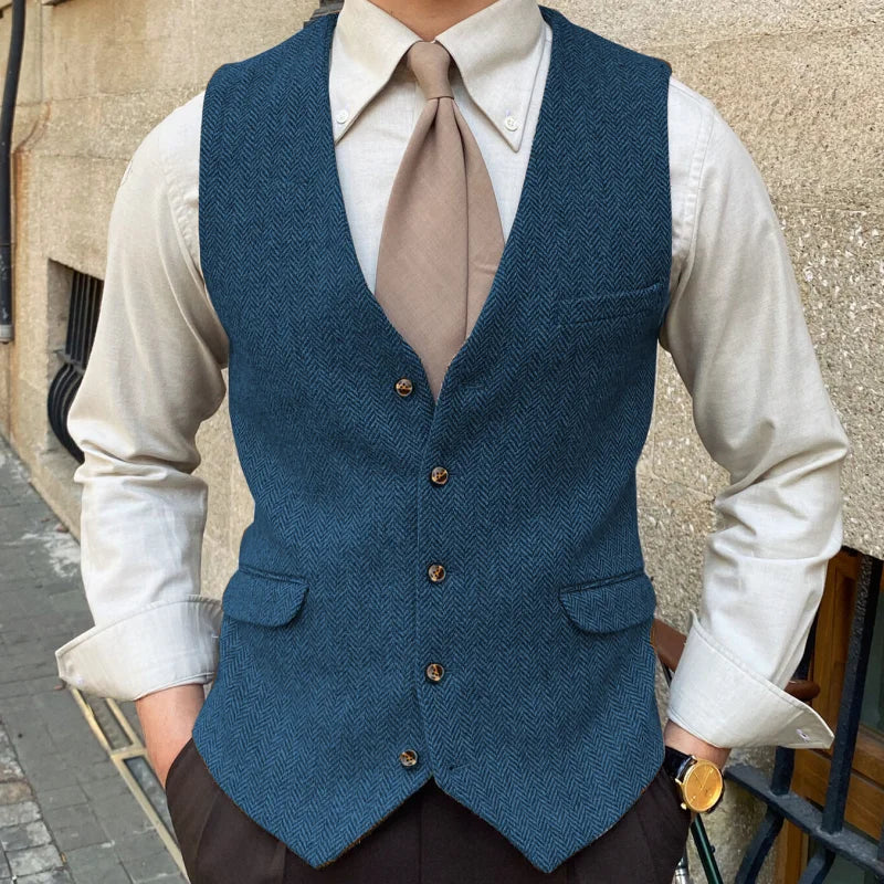 Men Vest Blue Herringbone Solid Color Single Button Waistcoat For Wedding Business Banquet Work Formal Men Suit Vest
