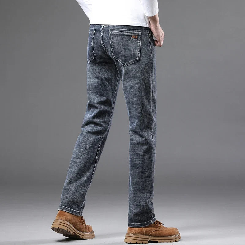 Fashion Light Blue Slim Straight Jeans Men's Spring Autumn Elastic Comfortable Denim Pants Korean Casual Business Trousers