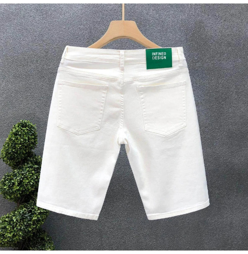 2026 Mens White Denim Shorts Summer Casual Slim Fit Pure Color Five Inch Beach Shorts Simple Stylish Fashion Jeans