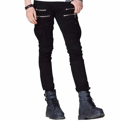 Fashion Fold Men Jeans Stretch Pleated Biker Cargo Jeans Zipper Skinny Slim Fit Trouser Hiphop Punk Multi Pocket Denim Pant Male
