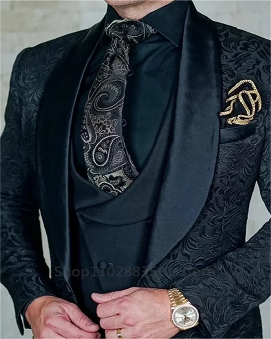 3 Pieces Black Jacquard Wedding  Party Tuxedo For Groom Wedding Shawl Lapel Slim Fit Mens Suits Male Waistcoat Vest Pants