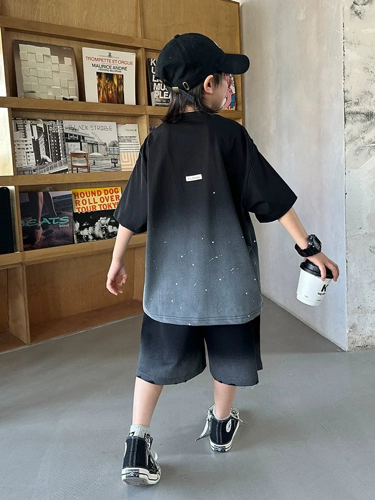 Summer Boys Cotton Leisure Star Print Gradient T-Shirt Top+Shorts Workout Set School Kids 2PCS Tracksuit Children Outfit 5-16 Yr