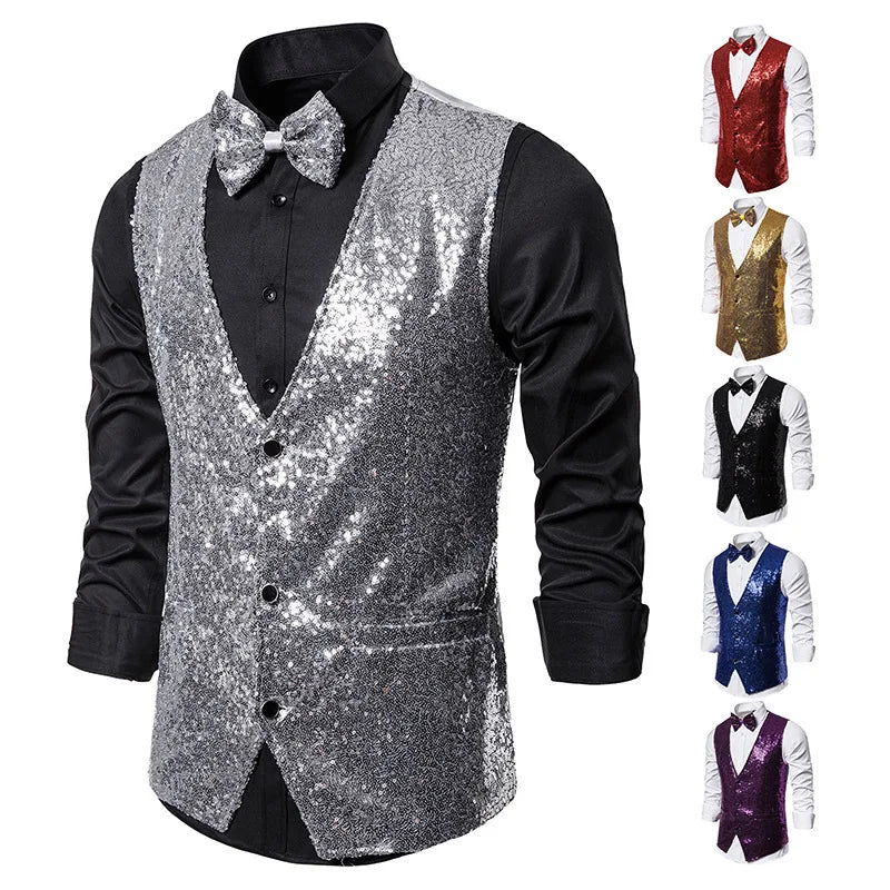2026 Men's Shiny Gold Sequin Glitter Embellished Blazer Waistcoat Night Club Blazer Wedding Party Waistcoat Stage Singers Vest