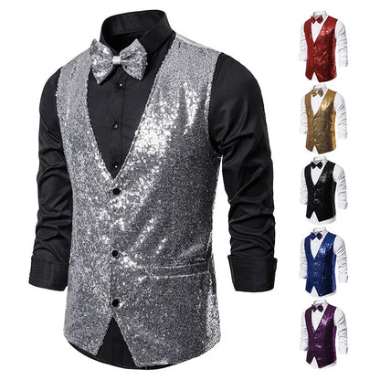 2026 Men's Shiny Gold Sequin Glitter Embellished Blazer Waistcoat Night Club Blazer Wedding Party Waistcoat Stage Singers Vest