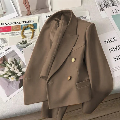High-Quality Double Breasted Crop Blazer Women Korean Solid Long Sleeve Suit Coat Office Ladies Elegant Short Jacket Female Coat