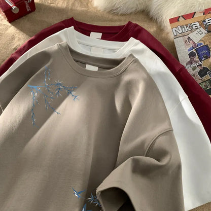 Men's Oversized T-shirts Fashion White 5XL Cotton T Shirt for Men Casual Summer Wear Bird Print Tee Shirts Men Clothing