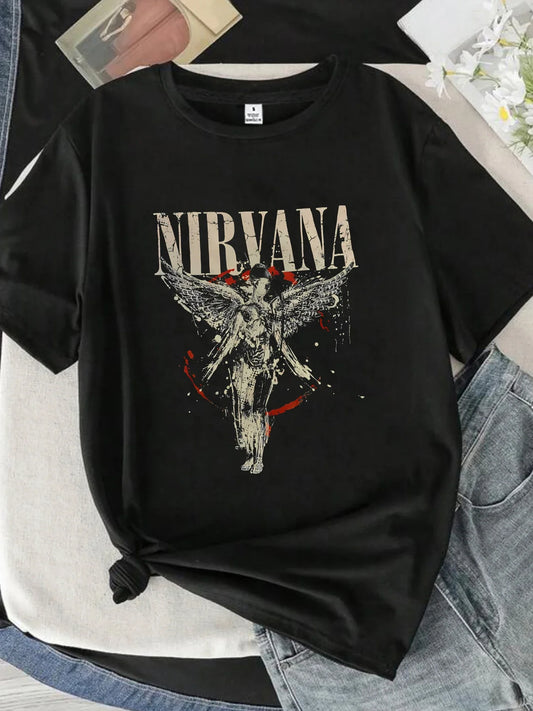 Letters and angels Round neck women's T-shirt short sleeves fashion printed half-sleeve top elastic T-shirt