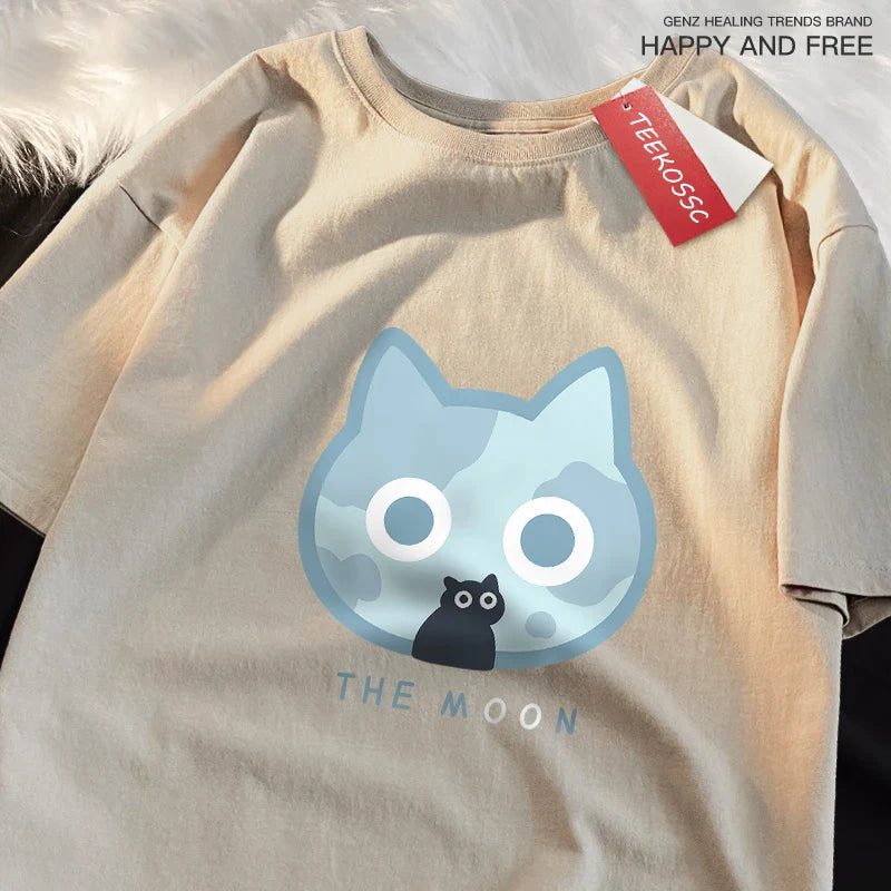 The Moon Blue Cat Fun Japanese Style Men Women T-Shirts Cotton Oversized Short Sleeve Shirt Loose T-Shirt Breathable Casual Tops
