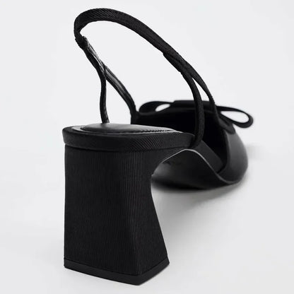 2026 Patent Leather Pointed Toe Heeled Sandals Women Elegant Bow Decoration Chunky Heel Pumps Luxury Designer Heels for Ladies
