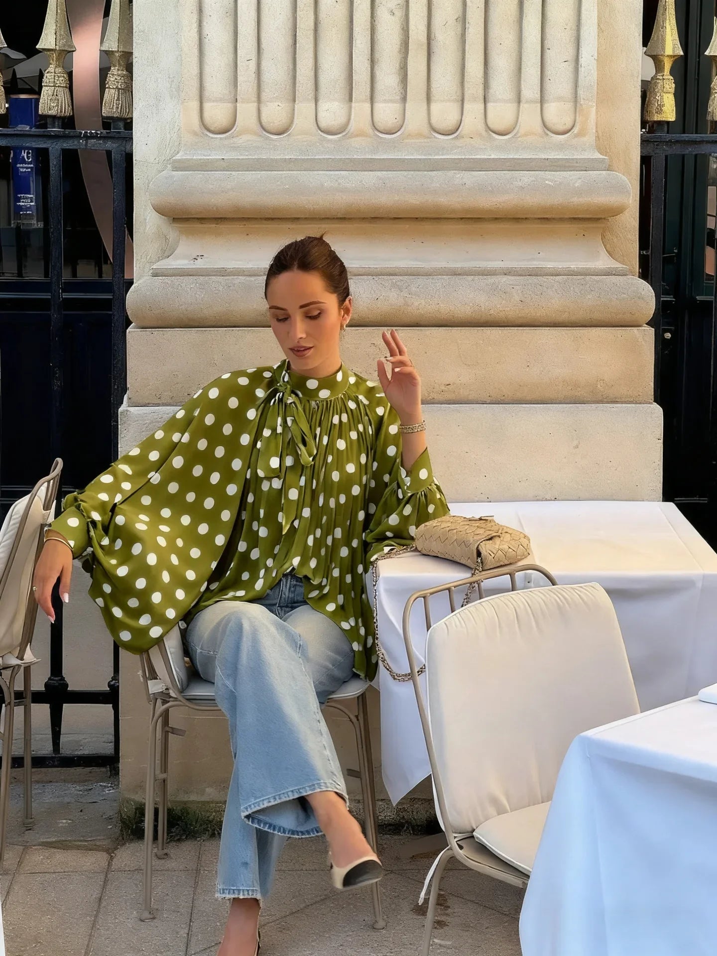 Elegant Retro Polka Dot Lace Up Shirt Women Long Lantern Sleeve Hollow-out Translucent Loose Blouse 2026 Lady Daily Commute Top