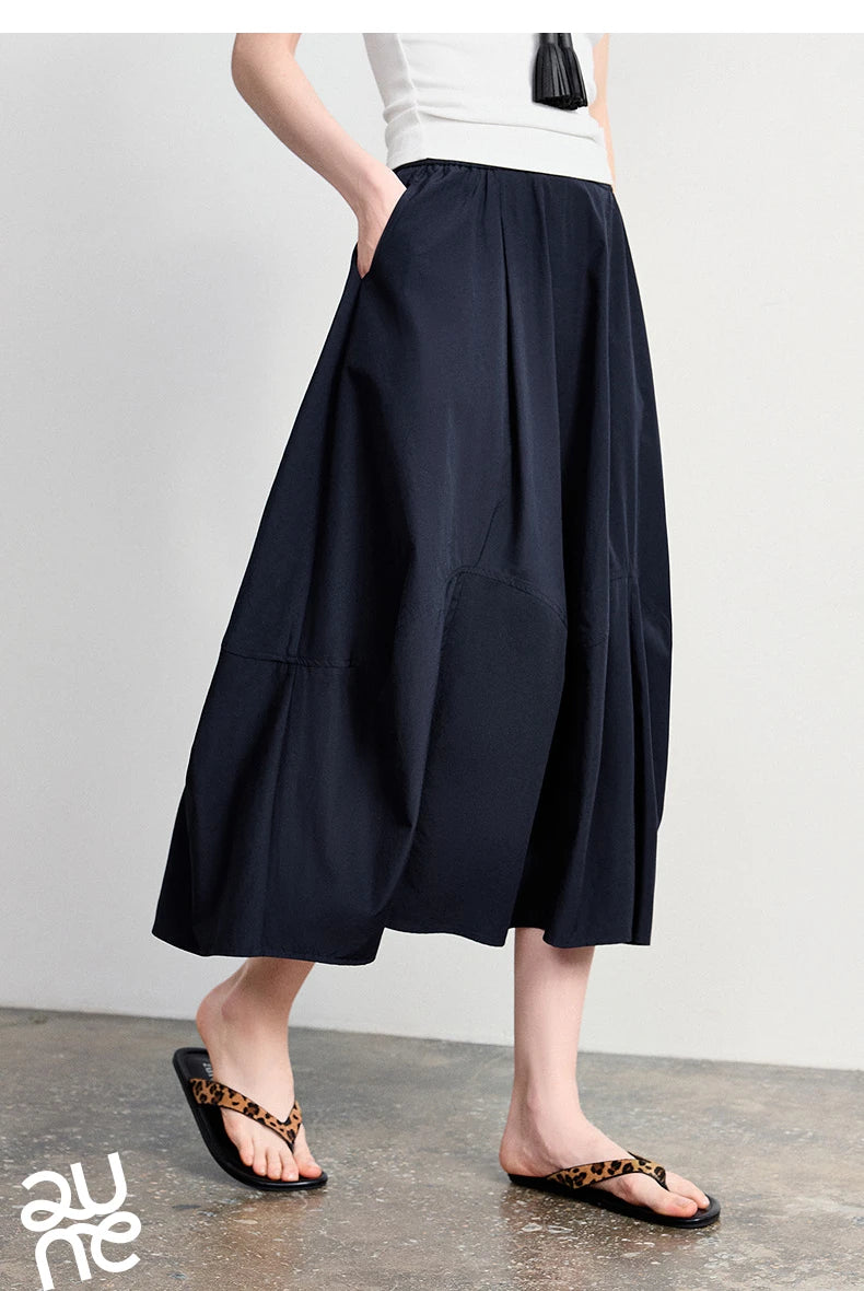 Women's A-Line Bud Skirt 2026 Summer New Split Detail Retro Puff Midi Skirt, Lightweight Outdoor Wear